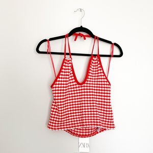 ZARA red and white knitted gingham halter top